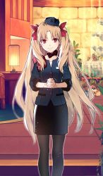 Rule 34 | 1girl, black bow, black choker, black hat, black pantyhose, black skirt, blonde hair, blue jacket, blush, bow, choker, collarbone, commentary request, craft essence (fate), desk, earrings, ereshkigal (fate), ereshkigal (festival outfit) (fate), fate/grand order, fate (series), fountain, hair ornament, hair ribbon, hat, heroic spirit festival outfit, jacket, jewelry, lamp, light blush, long hair, mini hat, morii shizuki, nervous, official art, own hands clasped, own hands together, pantyhose, parted bangs, red eyes, red ribbon, ribbon, skirt, smile, solo, stone wall, sweat, trembling, two side up, very long hair, wall