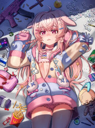 1girl absurdres ahoge animal_bag animal_ears assault_rifle axolotl_(minecraft) bed_sheet blue_bow blue_jacket bow braid brand_name_imitation bullet can candy character_doll character_request commentary crayon cross drink_can english_commentary food french_fries gummy_candy gun hair_bow hair_ornament heart heart_hair_ornament highres hololive jacket ketchup kikino long_hair lying mahjong mahjong_tile medicine_bottle meme minecraft mountain_dew multicolored_clothes multicolored_jacket name_tag on_back phase_connect pink_bow pink_eyes pink_hair pink_jacket pink_shorts pipkin_pippa rabbit_ears rabbit_girl rabbit_hair_ornament rabbit_ornament rifle rubber_duck shorts soda_can solo star_(symbol) star_hair_ornament tsunomaki_watame virtual_youtuber walmart watamelon_(meme) weapon white_jacket