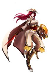 Rule 34 | 1girl, absurdres, baggy pants, blazblue, blue eyes, boots, breasts, brown gloves, cape, early type, full body, gloves, hat, highres, knee boots, lips, long hair, medium breasts, pants, red hair, shield, short sword, solo, sword, tsubaki yayoi, uniform, weapon