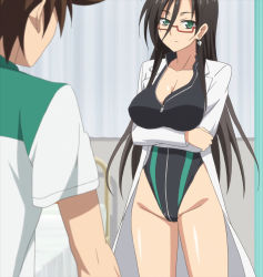 Rule 34 | 10s, 1boy, 1girl, black hair, breasts, brown hair, cleavage, earrings, from behind, front zipper swimsuit, glasses, green eyes, hasegawa chisato, highres, jewelry, lab coat, long hair, meme attire, one-piece swimsuit, screencap, shinmai maou no testament, swimsuit, toujou basara