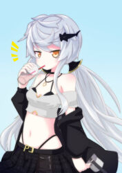 Rule 34 | 1girl, azur lane, bag, bare shoulders, belt, black bra, black choker, black jacket, black skirt, blue background, bra, bra strap, breasts, choker, cleavage, cowboy shot, crop top, cup, disposable cup, drink, drinking, drinking straw, drinking straw in mouth, grey hair, grey shirt, hair ornament, hair ribbon, halterneck, hand up, highleg, highleg panties, holding, holding bag, holding cup, holding drink, jacket, jewelry, jitome, long hair, long sleeves, looking at viewer, low twintails, midriff, miniskirt, navel, necklace, notice lines, off-shoulder shirt, off shoulder, official alternate costume, open clothes, open jacket, orange eyes, panties, pleated skirt, purifier (azur lane), ribbon, shark hair ornament, shirt, sidelocks, simple background, siren (azur lane), skirt, small breasts, solo, stomach, twintails, underwear, very long hair