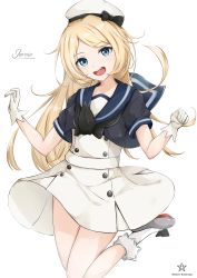 Rule 34 | 1girl, :d, artist name, bad id, bad twitter id, blonde hair, blue eyes, character name, commentary request, gloves, hat, highres, hoshimiya mashiro, jervis (kancolle), kantai collection, long hair, looking at viewer, open mouth, school uniform, serafuku, simple background, smile, solo, star (symbol), white background, white gloves