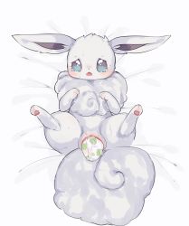 Rule 34 | 1girl, :o, aliceyawnin, alolan form, alolan vulpix, bed sheet, blue eyes, blush, commission, creatures (company), eevee, egg, egg laying, female focus, from above, full body, fusion, game freak, gen 1 pokemon, gen 7 pokemon, hands up, legs up, looking at viewer, lying, nintendo, no humans, on back, open mouth, pokemon, pokemon (creature), pokemon egg, pussy, pussy juice, simple background, solo, spread legs, sweat, tears, uncensored, white background, white theme