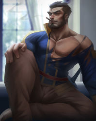 Rule 34 | 1boy, absurdres, bara, bare pectorals, beard, blurry, blurry background, brown hair, brown pants, bulge, cigar, dark-skinned male, dark skin, facial hair, foot out of frame, forked eyebrows, gazef stronoff, hair slicked back, highres, knee up, looking at viewer, male focus, mature male, military, military uniform, muscular, muscular male, official alternate costume, overlord (maruyama), pants, pectorals, shirt, short hair, sitting, smoking, solo, thick eyebrows, torn clothes, torn shirt, uniform, uu (pixiv11319066), window