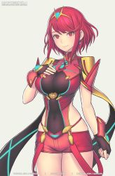Rule 34 | 1girl, black gloves, breasts, chest jewel, covered navel, cowboy shot, earrings, female focus, fingerless gloves, gem, gloves, gofelem, hair ornament, hand on own chest, jewelry, large breasts, looking at viewer, matching hair/eyes, nintendo, patreon username, pyra (xenoblade), red eyes, red hair, red shorts, short hair, short shorts, shorts, simple background, skindentation, smile, solo, swept bangs, tiara, twitter username, watermark, web address, xenoblade chronicles (series), xenoblade chronicles 2