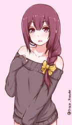 Rule 34 | 10s, 1girl, alternate hairstyle, artist name, bare shoulders, black sweater, blush, bow, braid, collarbone, commentary, d:, disco brando, hair between eyes, hair bow, hair over shoulder, highres, kamikaze (kancolle), kantai collection, long hair, looking at viewer, maroon eyes, maroon hair, off-shoulder, off-shoulder sweater, off shoulder, open mouth, pink background, simple background, sleeves past wrists, solo, sweater, twitter username, yellow bow