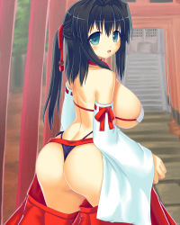 Rule 34 | 1girl, ass, bikini, bikini top only, black hair, blue eyes, blush, breasts, detached sleeves, highres, huge breasts, japanese clothes, long hair, looking back, miko, misato asuka, open mouth, original, panties, ponytail, sleeves past wrists, smile, solo, swimsuit, thong, underwear