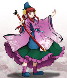 Rule 34 | 1girl, amaginomiya akiko, bow, bug, butterfly, chrysanthemum, flower, full body, hat, heavenly gathering of clouds, highres, huyusilver, insect, japanese clothes, kimono, long hair, original, purple eyes, red hair, scabbard, sheath, smile, solo, sword, tate eboshi, touhou, weapon