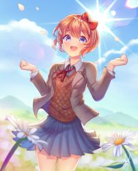 Rule 34 | 1girl, :d, asterleaf14, blazer, blue eyes, blue skirt, blurry, blurry background, blurry foreground, blush, bow, breasts, brown hair, cloud, collared shirt, commentary, cowboy shot, daisy, day, doki doki literature club, flower, grey jacket, hair bow, hands up, highres, jacket, lens flare, long sleeves, looking at viewer, open mouth, outdoors, petals, pleated skirt, red bow, ribbon, round teeth, sayori (doki doki literature club), school uniform, shirt, short hair, skirt, sky, smile, solo, standing, sun, sunlight, teeth, white shirt