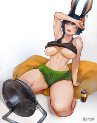 Rule 34 | 1girl, animal ears, arm at side, arm up, armpits, bare shoulders, black hair, blue hair, blush, breasts, closed eyes, clothes lift, commission, dolphin shorts, electric fan, final fantasy, final fantasy xiv, flower, green shorts, hair flower, hair ornament, kneeling, large breasts, mole, mole under eye, navel, nextoad, open mouth, original, pillow, shirt lift, short hair, shorts, signature, simple background, sitting, solo, sweat, tank top, teeth, thighs, underboob, upper teeth only, warrior of light (ff14), white background