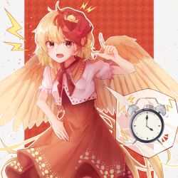 Rule 34 | 1girl, alarm clock, animal, animal on head, bird, bird on head, bird tail, bird wings, blonde hair, chick, clock, commentary request, covered navel, dress, feathered wings, hand on own hip, highres, houndstooth background, multicolored hair, neckerchief, niwatari kutaka, on head, open mouth, orange dress, orange eyes, outside border, pillarboxed, pointy ears, puffy short sleeves, puffy sleeves, red hair, red neckerchief, shirt, short sleeves, solo, speech bubble, spoken object, taguno, tail, touhou, two-tone hair, upper body, white shirt, wings, yellow wings