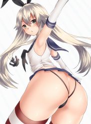 Rule 34 | 10s, 1girl, armpits, ass, black panties, blonde hair, blush, butt crack, elbow gloves, gloves, hairband, kantai collection, keita (tundereyuina), long hair, looking at viewer, looking back, microskirt, open mouth, panties, shimakaze (kancolle), skirt, solo, striped clothes, striped thighhighs, thighhighs, thong, underwear, white gloves