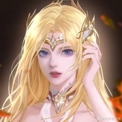 Rule 34 | 1girl, bare shoulders, blonde hair, blue eyes, blurry eyes, dark background, douluo dalu, expressionless, hair ornament, hand in own hair, long hair, looking at viewer, qian renxue (douluo dalu), qian renxue zhuye, solo, upper body