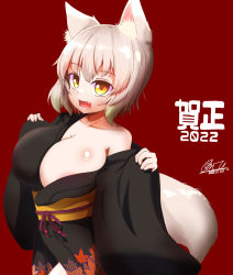 Rule 34 | 1girl, 2022, absurdres, animal ears, autumn leaves, black kimono, breasts, cleavage, collarbone, fang, highres, inubashiri momiji, japanese clothes, kimono, large breasts, leaf, looking at viewer, maple leaf, open mouth, otomen maru-no-uchi, red background, red eyes, short hair, signature, silver hair, simple background, solo, tail, touhou, wolf ears, wolf tail