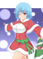 Rule 34 | 1girl, alternate color, blue hair, bow, capelet, christmas, commentary request, dress, fur-trimmed capelet, fur-trimmed dress, fur trim, garasuita, green bow, grin, hair between eyes, highres, looking at viewer, one eye closed, outstretched arms, red capelet, red dress, red eyes, santa dress, short hair, smile, solo, striped, striped bow, tatara kogasa, touhou, umbrella
