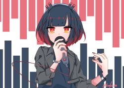 Rule 34 | 1girl, absurdres, black hair, black hairband, black shirt, commentary request, copyright name, covered mouth, gradient hair, grey jacket, hairband, hands up, highres, holding, holding microphone, jacket, jitomi monoe, long sleeves, looking at viewer, magnet, microphone, multicolored hair, nail polish, open clothes, open jacket, red eyes, red hair, red nails, shirt, solo, twitter username, upper body, virtual youtuber, voms, white background, yupiteru (6m10cm)