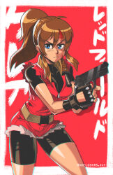 Rule 34 | 1990s (style), 1girl, artist name, belt, bike shorts, black gloves, blood, blood on face, blue eyes, breasts, brown hair, claire redfield, cowboy shot, finger on trigger, fingerless gloves, gloves, gun, hair between eyes, handgun, holding, holding gun, holding weapon, injury, knife, knife sheath, long hair, looking to the side, medium breasts, mike luckas, ponytail, red vest, resident evil, resident evil 2, retro artstyle, serious, sheath, short sleeves, solo, standing, torn clothes, v-shaped eyebrows, vest, weapon