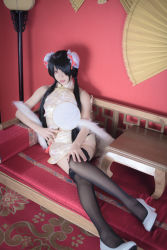 Rule 34 | 1girl, artist request, asian, bare shoulders, black hair, black thighhighs, bun cover, china dress, chinese clothes, color contacts, cosplay, date a live, double bun, dress, feather boa, hair bun, hair over one eye, hand fan, high heels, indoors, lace, lace-trimmed legwear, lace trim, long hair, looking at viewer, makeup, mascara, parted lips, photo (medium), red eyes, shoes, short china dress, sitting, sleeveless, sleeveless dress, solo, thighhighs, tokisaki kurumi, tokisaki kurumi (cosplay), twintails, white footwear, zettai ryouiki