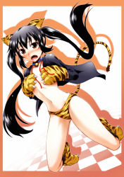 Rule 34 | 1girl, animal ears, animal print, bikini, black hair, blush, covering privates, covering breasts, fang, female focus, flat chest, full body, k-on!, long hair, nakano azusa, open mouth, segami daisuke, solo, swimsuit, tail, tiger ears, tiger print, untied
