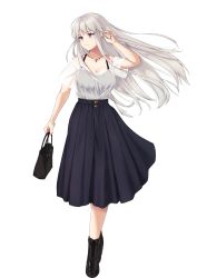 Rule 34 | 1girl, absurdres, alternate costume, ankle boots, azur lane, bag, black camisole, black footwear, blouse, boots, breasts, camisole, casual, cleavage, closed mouth, collarbone, commentary, crossed legs, denim, denim skirt, enchuu kakiemon, enterprise (azur lane), floating hair, full body, hair between eyes, hand up, handbag, highres, holding, holding bag, jewelry, large breasts, long hair, long skirt, looking to the side, necklace, purple eyes, see-through, see-through shirt, shirt, short sleeves, sidelocks, silver hair, simple background, skirt, smile, solo, standing, undershirt, very long hair, watson cross, white background, white shirt
