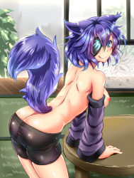 Rule 34 | 1girl, :q, animal ears, bike shorts, blue eyes, blue hair, breasts, detached sleeves, eburi a, eyepatch, large breasts, looking at viewer, matching hair/eyes, nipples, original, solo, tail, tongue, tongue out, topless