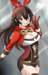 Rule 34 | absurdres, amber (genshin impact), anemo (genshin impact), breasts, brown hair, cleavage, dmayaichi, genshin impact, gloves, highres, open mouth, ribbon, shorts, simple background, thighhighs, yellow eyes