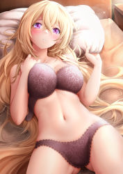 Rule 34 | 1girl, bed, bed sheet, black bra, black panties, black survival, blonde hair, blush, bra, breasts, chinese commentary, commentary request, commission, eva (black survival), gluteal fold, hair between eyes, hand on own chest, highres, lace, lace bra, lace panties, large breasts, linea alba, long hair, looking at viewer, lying, medium breasts, navel, on back, panties, parted lips, pillow, pillow grab, pixiv commission, purple eyes, royboy, solo, thighs, underwear, underwear only