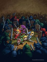 Rule 34 | 6+boys, absurdres, armor, army, belt, blonde hair, blue headwear, blue tunic, brown belt, brown footwear, copyright name, green headwear, green tunic, helmet, highres, holding, holding pitchfork, holding shield, holding sword, holding weapon, link, medium hair, multiple boys, multiple persona, nintendo, official art, open mouth, pitchfork, pointy ears, purple headwear, purple tunic, red headwear, red tunic, shield, sword, teeth, the legend of zelda, the legend of zelda: four swords, toon link, upper teeth only, watermark, weapon