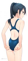 Rule 34 | 1girl, ass, bare arms, bare legs, bare shoulders, barefoot, black eyes, black hair, blue one-piece swimsuit, closed mouth, commission, competition swimsuit, cowboy shot, from behind, houshou (kancolle), kantai collection, koruri, long hair, one-piece swimsuit, ponytail, simple background, skeb commission, smile, solo, swimsuit, twitter username, wet, wet clothes, wet swimsuit, white background