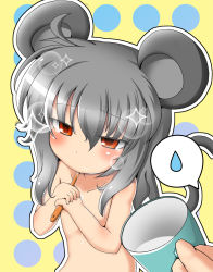 Rule 34 | 1girl, animal ears, basa rutan, blush, cyan0114, female focus, grey hair, highres, mouse ears, mouse tail, nazrin, nude, orange eyes, outline, sexually suggestive, simple background, solo, sparkle, tail, tears, toothbrush, touhou, white outline
