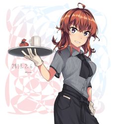Rule 34 | 1girl, ahoge, alternate costume, alternate eye color, arashi (kancolle), black neckerchief, black skirt, blush, collared shirt, commentary request, crossed bangs, cup, dated, gift, gloves, hair between eyes, hand on own hip, holding, holding tray, jouhou, kantai collection, messy hair, mug, name tag, neckerchief, notepad, parted lips, pen, pocket, purple eyes, red hair, shirt, sidelocks, skirt, smile, solo, striped clothes, striped shirt, tray, twitter username, white gloves
