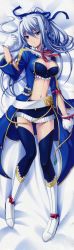 Rule 34 | 1girl, absurdres, bed, bed sheet, belt, blue eyes, blue hair, blue thighhighs, blush, boots, breasts, bustier, cleavage, coat, copyright request, dakimakura (medium), excia, from above, full body, garter straps, gloves, hair between eyes, hair ribbon, highres, huge filesize, legs, long image, looking at viewer, lying, matching hair/eyes, midriff, miniskirt, navel, on back, on bed, ponytail, ribbon, skirt, solo, tall image, tamanin, thighhighs