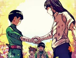 Rule 34 | 1girl, 3boys, bad id, bad twitter id, bandages, bowl cut, brown hair, chinese clothes, clapping, crying, double bun, handshake, headband, hyuuga neji, looking at another, might guy, multiple boys, naruto, naruto (series), open mouth, rock lee, tenten (naruto), thick eyebrows