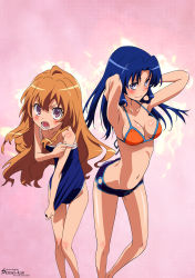 Rule 34 | 00s, 2girls, :o, aisaka taiga, angry, armpits, arms behind head, arms up, bikini, blue eyes, blue hair, blush, breasts, brown eyes, brown hair, cleavage, clothes pull, competition school swimsuit, covering privates, embarrassed, flat chest, highres, kawashima ami, legs, long hair, medium breasts, multiple girls, navel, official art, one-piece swimsuit, one-piece swimsuit pull, open mouth, pulling own clothes, purple eyes, red eyes, school swimsuit, sideboob, small breasts, smile, standing, strap slip, swimsuit, tanaka masayoshi, thigh gap, toradora!, undressing, vector trace, watermark, wavy hair