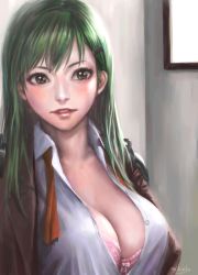 Rule 34 | 1girl, absurdres, bra, breasts, cleavage, green eyes, green hair, highres, kantai collection, large breasts, looking at viewer, murasaki-sin, open clothes, open shirt, painting (medium), shirt, smile, solo, suzuya (kancolle), traditional media, underwear, watercolor (medium)