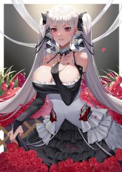 Rule 34 | 1girl, absurdres, azur lane, black nails, breasts, choker, commentary request, detached sleeves, dress, earrings, flower, formidable (azur lane), frilled dress, frills, hair ribbon, hand on own chest, highres, jewelry, large breasts, long hair, long sleeves, looking at viewer, nail polish, nori tamahana, parted lips, petals, pink eyes, ribbon, rose, silver hair, smile, solo, twintails, very long hair
