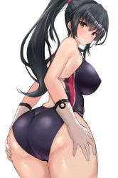 Rule 34 | 1girl, absurdres, ass, bare shoulders, black hair, black one-piece swimsuit, blush, breasts, brown eyes, competition swimsuit, cowboy shot, gloves, hair between eyes, hands on own thighs, highres, kantai collection, kihou no gotoku dmc, large breasts, long hair, looking back, one-piece swimsuit, open mouth, ponytail, simple background, solo, swimsuit, very long hair, white background, white gloves, yahagi (kancolle)