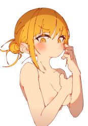 Rule 34 | 1girl, absurdres, blonde hair, blunt bangs, blush, boku no hero academia, breasts, completely nude, covering privates, covering breasts, cropped torso, double bun, from side, frown, hair between eyes, hair bun, highres, messy hair, nipples, nude, rasusurasu, sidelocks, simple background, slit pupils, small breasts, solo, toga himiko, upper body, white background, yellow eyes