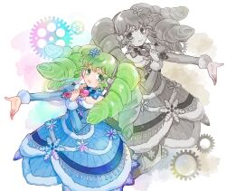 Rule 34 | 2girls, blue dress, colored eyelashes, commentary request, cropped legs, detached collar, dress, dual persona, falulu, fur-trimmed dress, fur trim, gears, green eyes, green hair, hair ornament, hand up, headphones, holding, holding microphone, idol clothes, jinno (jin c kkry), long hair, long sleeves, looking at viewer, microphone, multiple girls, open mouth, outstretched arm, partially colored, pretty series, pripara, sidelocks, smile, snowflake hair ornament, snowflake print, standing, twintails