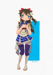 Rule 34 | 1girl, absurdres, aqua eyes, aqua flower, aqua skirt, artist name, artist request, back bow, badge, black legwear, blue bow, blue eyes, blue flower, blue legwear, blue neckwear, blue ribbon, blue skirt, blush, bow, breasts, brown hair, buttons, center frills, checkered clothes, checkered skirt, collared shirt, corset, dress, female focus, flower, frilled dress, frilled skirt, frills, full body, hair between eyes, hair bow, hair flower, hair ornament, half updo, hands on own chest, high expressiveness (love live!), high ponytail, highres, light brown dress, long hair, looking at viewer, love live!, love live! nijigasaki high school idol club, love live! school idol festival, love live! school idol festival all stars, meidoyat, miniskirt, bowtie, necktie, osaka shizuku, parted lips, plaid, plaid dress, plaid skirt, pleated, pleated dress, pleated skirt, ponytail, red bow, ribbon, shirt, shoes, short necktie, short sleeves, skirt, small breasts, smile, solo, standing, star (symbol), white bow, white corset, white dress, wing collar, yellow flower, yellow footwear