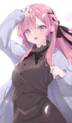 Rule 34 | 1girl, black bow, black dress, black ribbon, bow, bowtie, braid, breasts, cherry blossoms, collar, cowboy shot, dress, earrings, fang, frilled collar, frilled shirt collar, frills, hair ornament, hand on own forehead, highres, indie utaite, indie virtual youtuber, jacket, jewelry, kurono yuzuko, long hair, long sleeves, looking at viewer, medium breasts, mikeneko (vtuber), mikeneko (vtuber) (old design), nail polish, niconico, open mouth, pink eyes, pink hair, ribbon, sidelocks, simple background, single braid, skin fang, smile, sweater jacket, white background