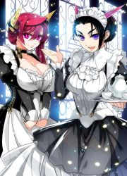 Rule 34 | + +, 10s, 2girls, alternate costume, alternate hairstyle, apron, black hair, blue eyes, breasts, choker, cup, demon horns, dragon horns, enmaided, frilled apron, frills, highres, horns, huge breasts, ishida akira, karyuu koujo, large breasts, long hair, maid, maid apron, maou (maoyuu), maoyuu maou yuusha, multiple girls, official art, promotional art, purple eyes, red hair, revealing clothes, see-through, side ponytail, skirt, suspenders, teapot, thighhighs, tray, white legwear