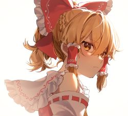 Rule 34 | 1girl, alternate hairstyle, bow, braid, closed mouth, cosplay, detached sleeves, from side, hair between eyes, hair bow, hair tubes, hakurei reimu, hakurei reimu (cosplay), jill 07km, kirisame marisa, looking at viewer, ponytail, red bow, ribbon-trimmed sleeves, ribbon trim, simple background, solo, touhou, upper body, white background, yellow eyes
