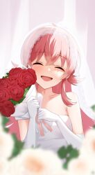 Rule 34 | 1girl, ahoge, bare shoulders, blurry, blurry foreground, blush, bouquet, breasts, bridal veil, child, closed eyes, collarbone, commentary, dot nose, dress, elbow gloves, facing viewer, flower, gloves, hair between eyes, hair flaps, hands up, highres, holding, holding bouquet, idolmaster, idolmaster shiny colors, komiya kaho, lace-trimmed veil, lace trim, long hair, medium breasts, open mouth, red flower, red hair, red rose, rose, samisuke (pkah8535), sidelocks, simple background, smile, solo, strapless, strapless dress, veil, wedding dress, white dress, white flower, white gloves