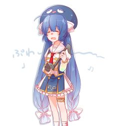 Rule 34 | 1girl, arm warmers, band uniform, beamed eighth notes, blue hair, blue headwear, braid, closed eyes, collar, commentary, eel hat, eighth note, feet out of frame, frilled skirt, frills, highres, holding, large hat, long hair, low-braided long hair, low-tied long hair, mi no take, miniskirt, musical note, open mouth, otomachi una, otomachi una (sugar), pleated skirt, quarter note, sailor collar, short sleeves, skirt, solo, standing, thigh strap, translated, twintails, very long hair, vocaloid, white background, white collar, white skirt