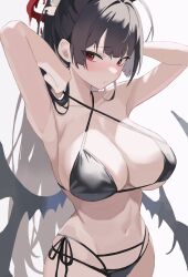 Rule 34 | 1girl, armpits, arms up, bikini, black bikini, black hair, black wings, blue archive, blush, breasts, chikoku, cleavage, criss-cross halter, halo, halterneck, highres, large breasts, long hair, looking at viewer, melting halo, navel, official alternate costume, ponytail, red eyes, red halo, side-tie bikini bottom, sideways glance, simple background, solo, stomach, swimsuit, tsurugi (blue archive), tsurugi (swimsuit) (blue archive), very long hair, white background, wings
