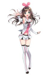 Rule 34 | 1girl, :d, absurdres, arm up, arm warmers, armpits, bare shoulders, black ribbon, blue eyes, blush, boots, bow, breasts, brown hair, collarbone, floating hair, foreshortening, full body, hair bow, hairband, highres, kizuna ai, kizuna ai inc., lace, lace-trimmed legwear, lace trim, long hair, looking at viewer, medium breasts, morikura en, navel, official art, open mouth, outstretched arm, outstretched hand, pigeon-toed, pink bow, pink hairband, ribbon, sailor collar, short shorts, shorts, sideboob, simple background, smile, solo, standing, striped clothes, striped ribbon, striped thighhighs, swept bangs, tareme, teeth, thigh boots, thighhighs, vest, virtual youtuber, white background, white footwear, white ribbon, white shorts, white thighhighs, white vest