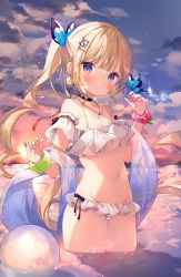 Rule 34 | 1girl, ana (rznuscrf), anchor hair ornament, ball, bikini, blonde hair, blue eyes, blunt bangs, blush, bracelet, breasts, bug, butterfly, butterfly hair ornament, butterfly on hand, cleavage, closed mouth, cloud, commentary request, earrings, evening, frilled bikini, frills, hair ornament, hairclip, highres, insect, jewelry, long hair, looking at viewer, mountain, navel, ocean, open mouth, original, ponytail, see-through, sidelocks, sky, small breasts, smile, solo, summer, sun, sunset, swimsuit, thighs, wading, white bikini