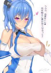 Rule 34 | 1boy, 1girl, ahoge, azur lane, bare shoulders, blue hair, blush, grabbing another&#039;s breast, breasts, cleavage, cleavage cutout, closed mouth, clothing cutout, commander (azur lane), covered navel, dated, elbow gloves, gloves, grabbing, groping, guided breast grab, guiding hand, hair between eyes, headgear, heart, heart-shaped pupils, hetero, holding another&#039;s wrist, kuavera, large breasts, long sleeves, looking at viewer, ponytail, purple eyes, short hair with long locks, sidelocks, signature, simple background, st. louis (azur lane), symbol-shaped pupils, translation request, twitter username, upper body, white background