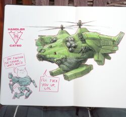 Rule 34 | ^ ^, absurdres, aircraft, armored core, armored core 6, cable, cat, closed eyes, english text, helicopter, highres, mecha, missile pod, patso catso, photo (medium), profanity, propeller, robot, speech bubble, traditional media, vehicle focus, white background